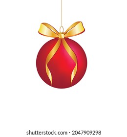 Christmas red bauble with gold ribbon. Flat cartoon style vector illustration.