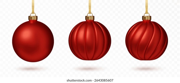 Christmas red bauble set. Classic festive holiday decor bright sphere toy with loop for hanged isolated. 3D Realistic vector illustration.