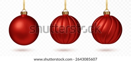 Christmas red bauble set. Classic festive holiday decor bright sphere toy with loop for hanged isolated. 3D Realistic vector illustration.