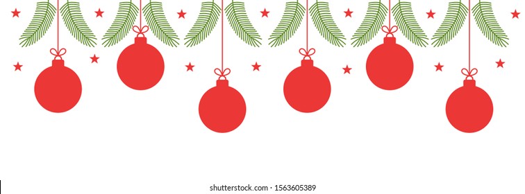 Christmas red baubles ornaments border. Vector illustration.