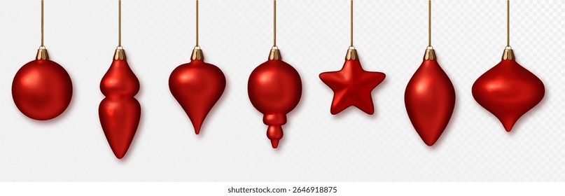 Christmas red baubles realistic set. Shiny 3D ornaments in red metallic colors. Elegant holiday decorations for New Year, Xmas tree, celebration design.