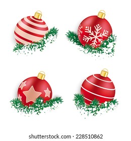 Christmas red baubles with twigs on the white background. Eps 10 vector file.