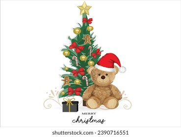 christmas red bear vector hand drawn christmas card 