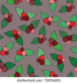 Christmas red berries seamless pattern. Vector illustration on grey background