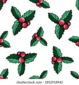  Christmas red berries seamless pattern.Holly berries of Holly.Christmas pattern.Hand-drawn vector illustration