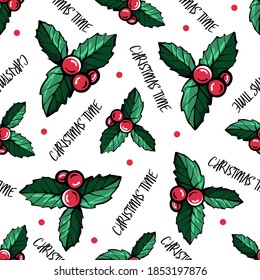  Christmas red berries seamless pattern.Holly berries of Holly.Christmas pattern.Hand-drawn vector illustration