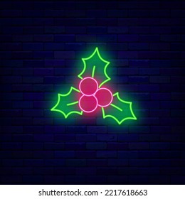 Christmas red berry neon icon. Merry Christmas decoration. Minimal pictogram. Season winter decoration. Light label on brick wall. Editable stroke. Vector stock illustration