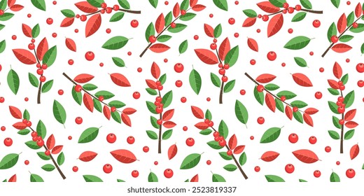 Patrón sin fisuras de la baya roja de las Navidades, fondo de hojas de color de rama, árbol de vacaciones y conjunto de plantas, bolso floral de Navidad. Baya de acebo de dibujos animados, Fondo de pantalla de ramita de otoño. Follaje del Año Nuevo. Ilustración vectorial