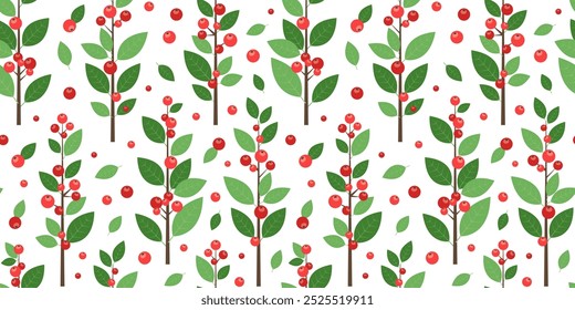 Christmas red berry seamless pattern, holiday tree and plant background, branch leaves print, decoration fruit sprig, Xmas floral set. Cartoon autumn twig. New Year foliage. Vector illustration