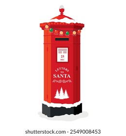 Caixa de correio grande vermelho Natal. Caixa de correio permanente com decoração de Natal. Entrega de cartas do Papai Noel. Clipart vetorial ilustrado.