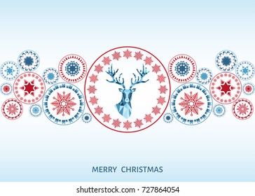 Christmas red and blue  decoration. Happy New Year background.  Xmas head of  reindeer and  snowflakes. Vector template  for greeting  card.