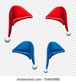 Christmas red and blue hat set on transparent background. Santa cap collection