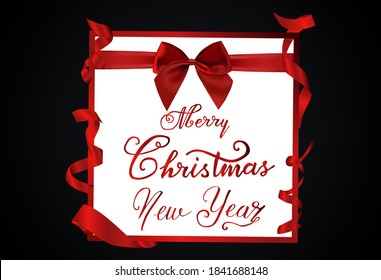 Christmas red bow with ribbon square frame made of satin ribbon isolated on white