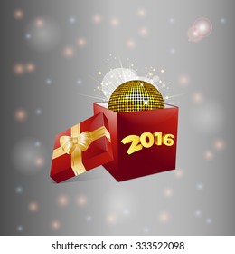 Christmas Red Box with 2016 Text and Disco Ball Over Glowing Background