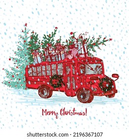 Christmas Red bus with fir tree decorated balls and gifts on roof. White snowy seamless background and text Merry Christmas and Happy New Year. Greeting card. Vector illustrations