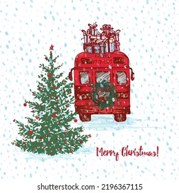 Christmas Red bus with fir tree decorated balls and gifts on roof. White snowy seamless background and text Merry Christmas and Happy New Year. Greeting card. Vector illustrations