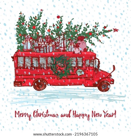 Christmas Red bus with fir tree decorated balls and gifts on roof. White snowy seamless background and text Merry Christmas and Happy New Year. Greeting card. Vector illustrations