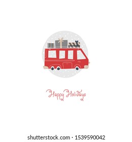 Christmas red bus with presents. Vector illustration in simple hand-drawn Scandinavian style. Vehicles under snowfall. Lettering - Happy Holidays