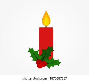 Christmas red candle and holly berries. Vector illustration.