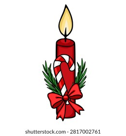 Christmas red candle vector illustration with candy cane, pine branches and a festive bow