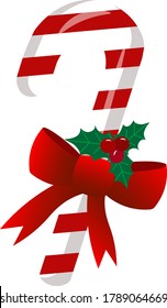 Christmas red cane with bow and holly berries. Vector illustration isolated on white background.