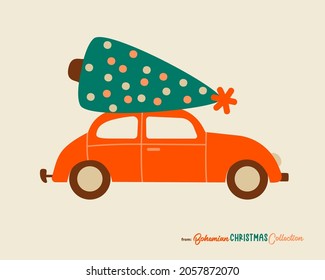 Christmas red car carrying a decorated fir tree on the roof. Vector drawing isolated. 