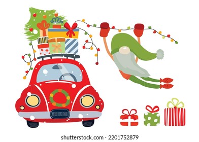 Christmas red car with gifts and Santa elf New Year postcard design in vector. Festive paint with xmas vehicle, dwarf and holiday elements