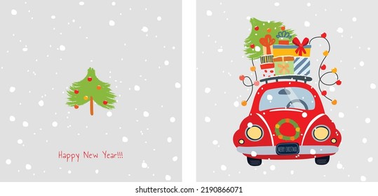 Christmas red car with gifts and tree in snow day New Year postcard design in vector. Festive paint with xmas vehicle and holiday elements