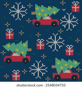 Christmas red car jacquard knitted seamless pattern. Winter funny background for socks or sweater design. Knitting car red off road vehicle with Christmas tree, snow ornament. Vector seamless pattern.