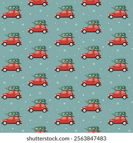 Christmas red car with snow. Seamless pattern. Design for wrapping paper and holiday textiles. Vector illustration.