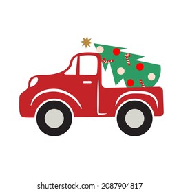 Christmas red car truck with a pine tree in a cabine delivery vector Illustration.