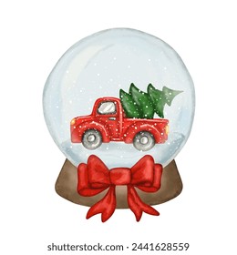 Christmas red car truck in snow glass globe, transparent ball watercolor old holiday toy