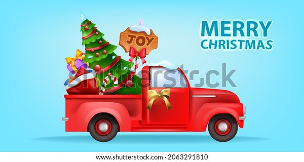 Christmas red car, vector Santa x-mas retro truck,\
decorated pine tree, present bag, wooden board. Vintage auto winter\
postcard, holiday season cartoon illustration, gift pickup.\
Christmas car banner