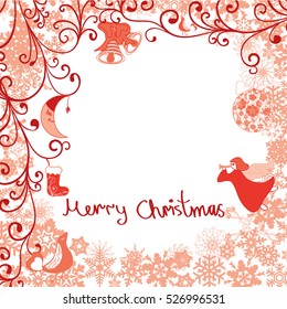 Christmas red card with angel.Merry Christmas greeting card with angels on the background of red snowflakes.