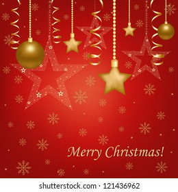 Christmas Red Card With Christmas Balls And Star With Gradient Mesh, Vector Illustration