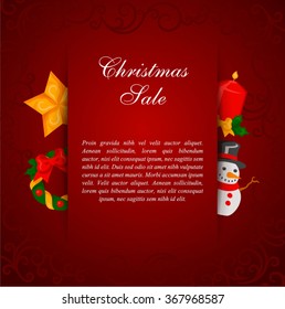 Christmas red card with paper web over a Christmas ring, star, candle and snowman