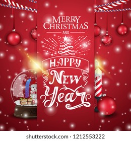 Christmas red card with snow globe and candle