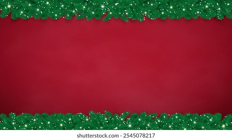 Cartão vermelho de Natal com decoração de árvore de Natal e luzes. Para cabeçalhos de feriados, banners, cartazes de festa. Quadro de Natal brilhante e de férias de design de Ano Novo. Ilustração vetorial