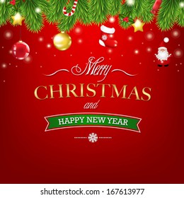 Christmas Red Card With Christmas Tree Decorations And Text, With Gradient Mesh, Vector Illustration 