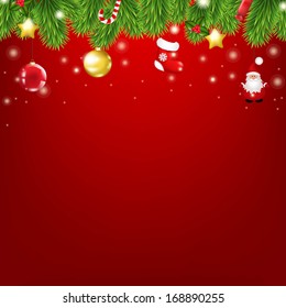 Christmas Red Card With Christmas Tree Decorations, With Gradient Mesh, Vector Illustration 