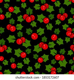 Christmas red cherries and leaves, over black background flat vector illustration, seamless pattern