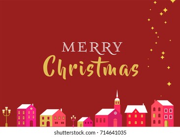 Christmas red classic background, greeting card, banner with xmas village, homes and lettering