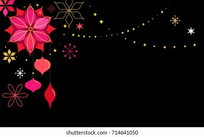 Christmas red classic background, greeting card, banner with xmas flowers, ornaments and lettering