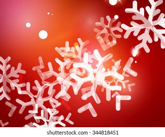 Christmas red color abstract background with white transparent snowflakes. Holiday winter template, New Year layout