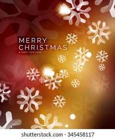 Christmas red color abstract background with white transparent snowflakes. Holiday winter template, New Year layout