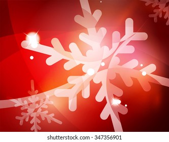 Christmas red color abstract background with white transparent snowflakes. Holiday winter template, New Year layout