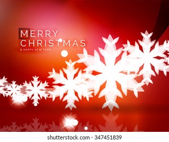 Christmas red color abstract background with white transparent snowflakes. Holiday winter template, New Year layout