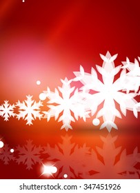 Christmas red color abstract background with white transparent snowflakes. Holiday winter template, New Year layout