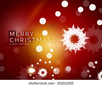 Christmas red color abstract background with white transparent snowflakes. Holiday winter template, New Year layout