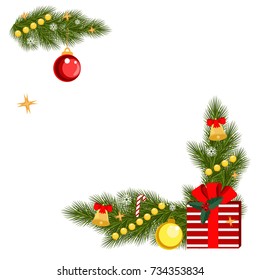 Christmas red corner with spruce, snowflakes and decorations. Vector illustration.